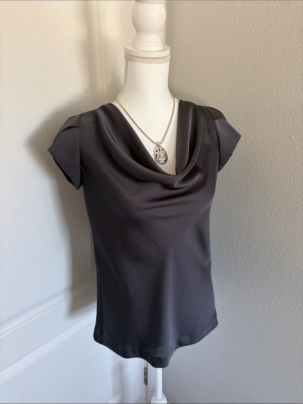 Ann Taylor Satin Cowl Neck Cap Sleeve Top - Charcoal